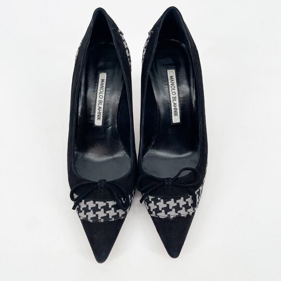 Manolo Blahnik Black Suede Gray Houndstooth Bow Pointed Toe Pumps Heels IT 36 - Picture 5 of 10